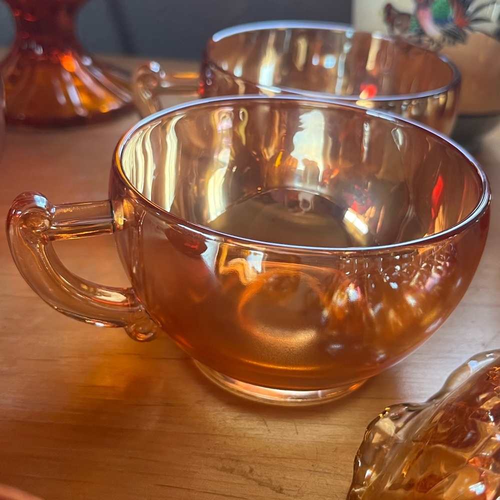 6 piece Jeannette Marigold carnival glass teacups with bonus bowl + vase